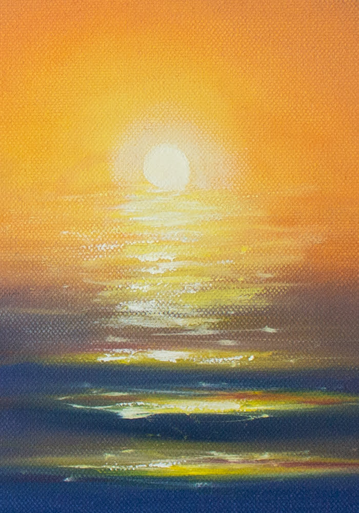 Öljyvärimaalaus purjeveneestä avomerellä auringonlaskussa