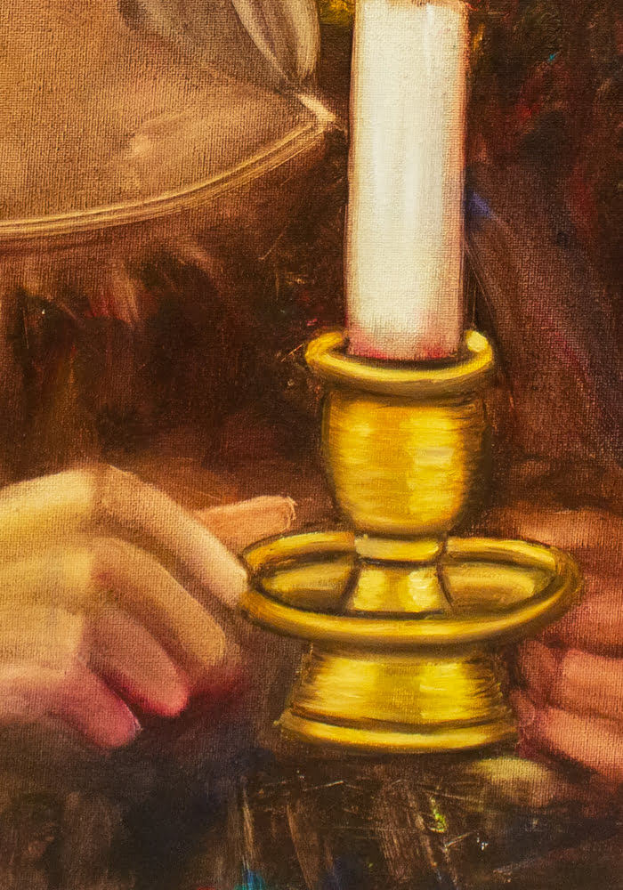 öljyvärimaalaus tytöstä pitelemässä kynttilää